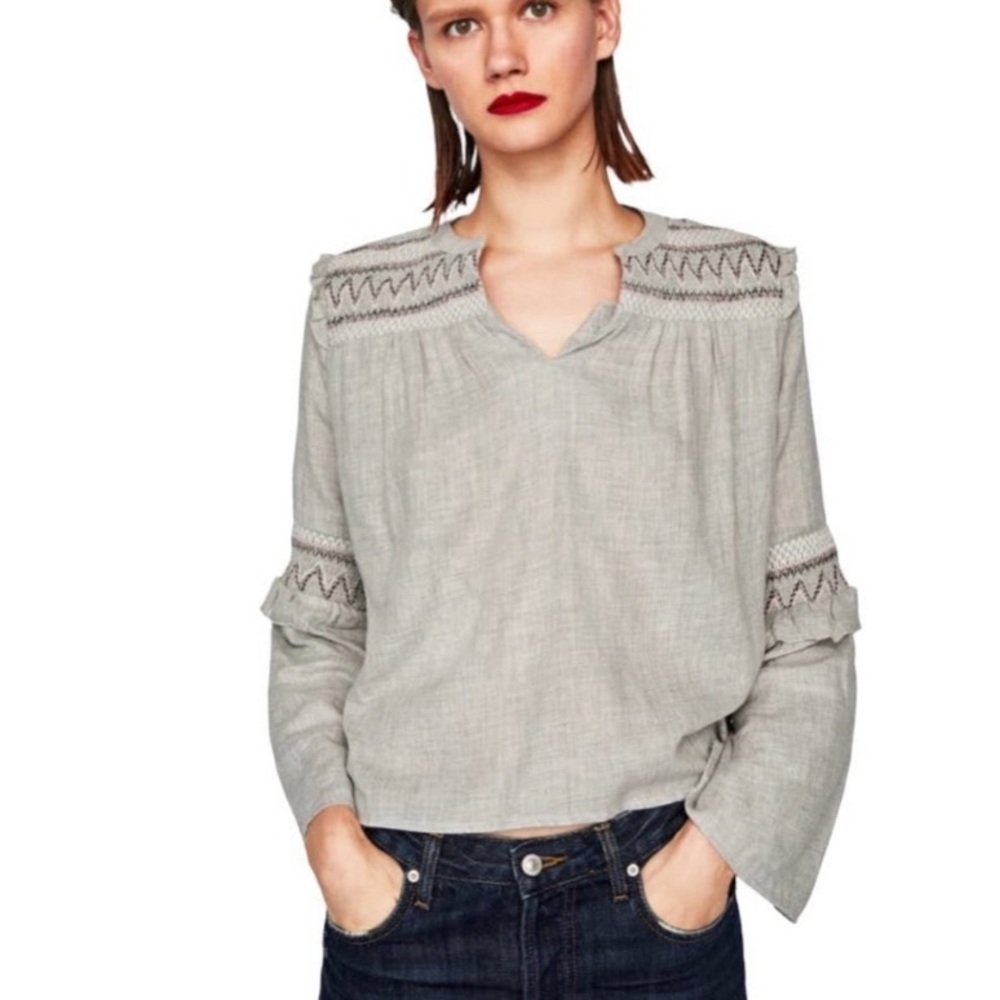 NWOT Zara Gray Embroidered Ruffle Bell Sleeve Top - XS